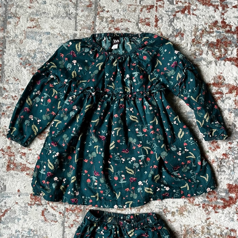 Tea Collection 2T Forest Green Print Ruffle Dress and Bottom Toddler Girls Sets